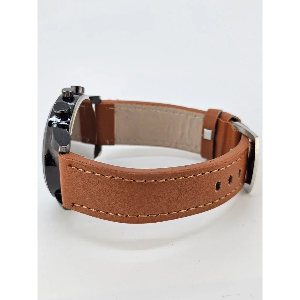 Men's Analog Watch 45MM Cream Dial Light Brown Faux Leather Bands New‎ Battery